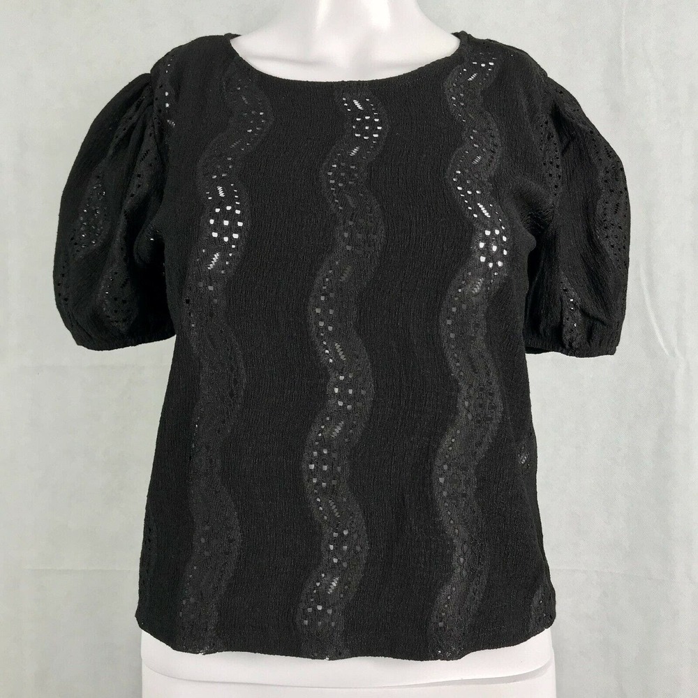 Zara Shirt Womens Sz M Black Knit Lace Stripe Balloon Half Sleeve Top